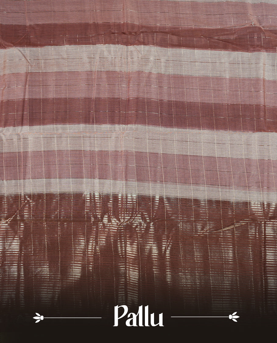 Muted brown chanderi cotton saree with checkered striped body, brown pallu featuring silver zari border, and matching checkered blouse.