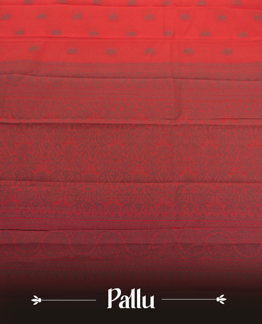 Rouge Pink colour silk cotton saree adorned with delicate woven motifs all over the body, paired with an elegant dark plain grey border and richly patterned pallu & Comes with a matching blouse piece for a complete ethnic look.