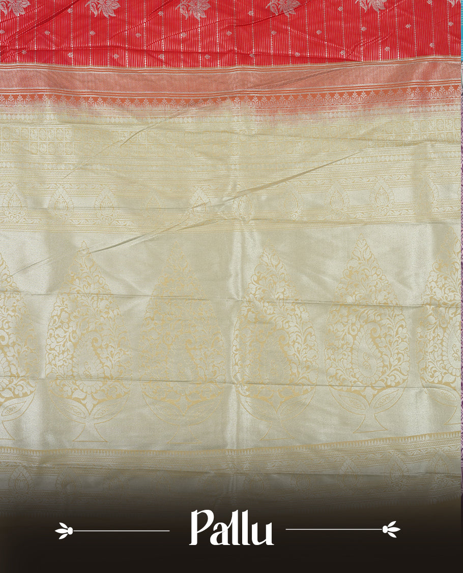 Red colour Semi Silk Saree with silver zari patterns on the body, paired with a contrasting cream colour traditional pallu and border, and a matching blouse piece.
