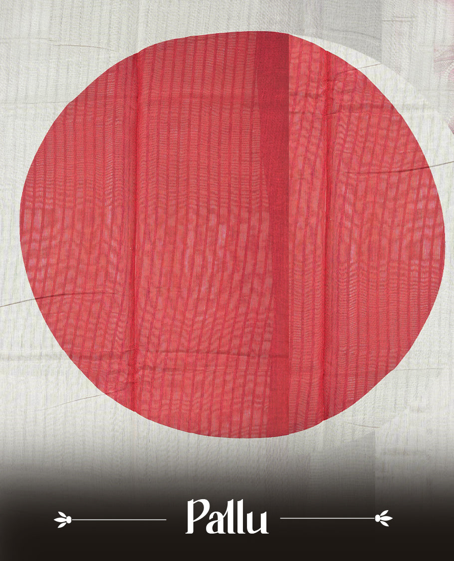 Coral red and off-white colour mixed chanderi cotton saree with striped body, coral pallu, copper zari geometric triangle border, matching coral blouse.