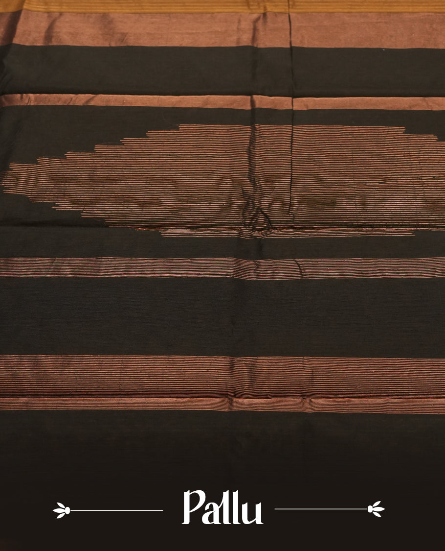 Brown Silk Cotton Saree with Plain Body, Accented by Copper and Black Zari Striped Border on Black and Copper Striped Pallu, Paired with Matching Blouse Piece