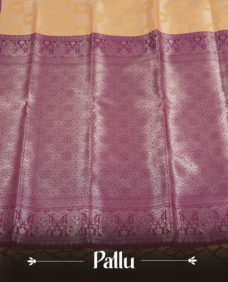 Golden Peach Colour Silk Saree with Self-Checked Geometric Patterns, Contrasting Magenta Zari Woven Pallu and Border Featuring Intricate Floral Motifs and Tassels, Paired with Matching Blouse Piece