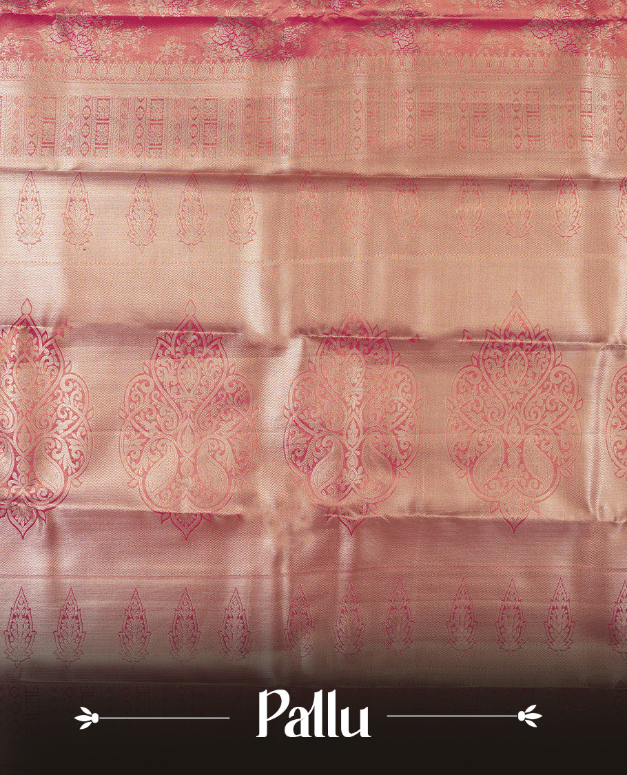 Bright pink colour and gold Zari Tissue Brocade Saree features intricat flower Motifs on body and light pink contrast border with rose gold tradtional border & pallu, paired with matching blouse