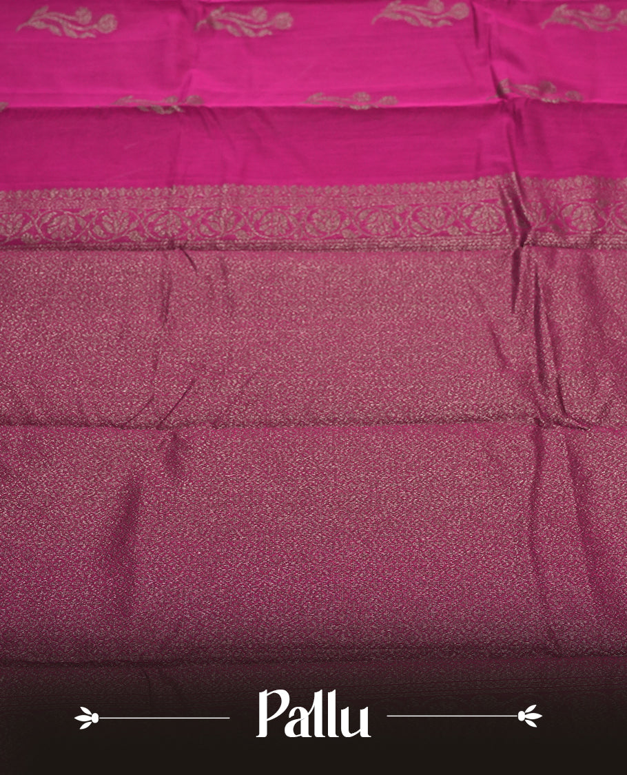 Grape Purple Colour Silk Cotton Saree with Dark Silver Floral Butta Body, Contrasting Dark Silver Zari Pallu & Border, Floral Vine Motifs, and Matching Plain Woven Blouse Piece