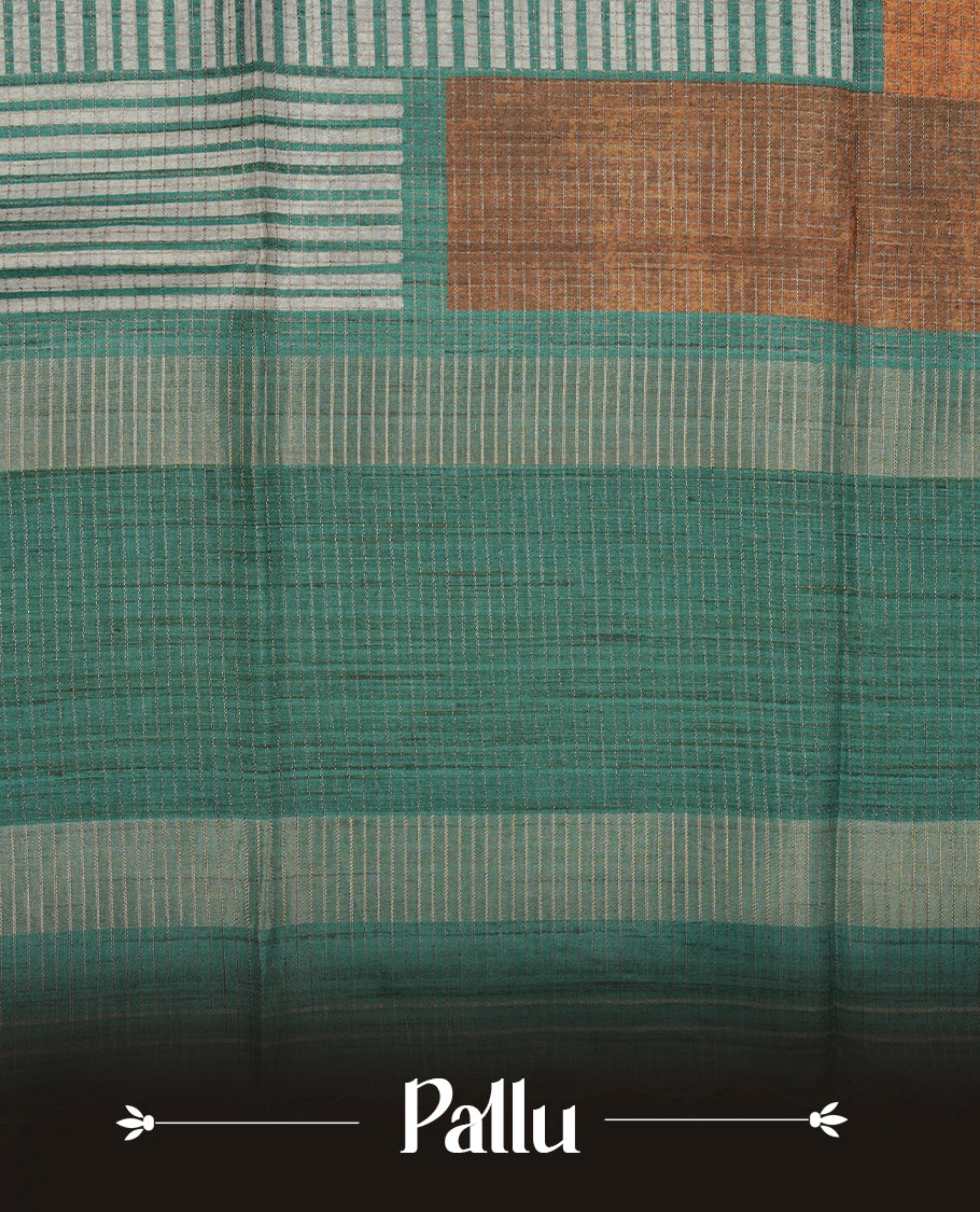Dark green semi tussar silk saree featuring a subtle gold zari check pattern across the body, highlighted with contrast geometric motifs on the pallu, paired with a matching blouse.