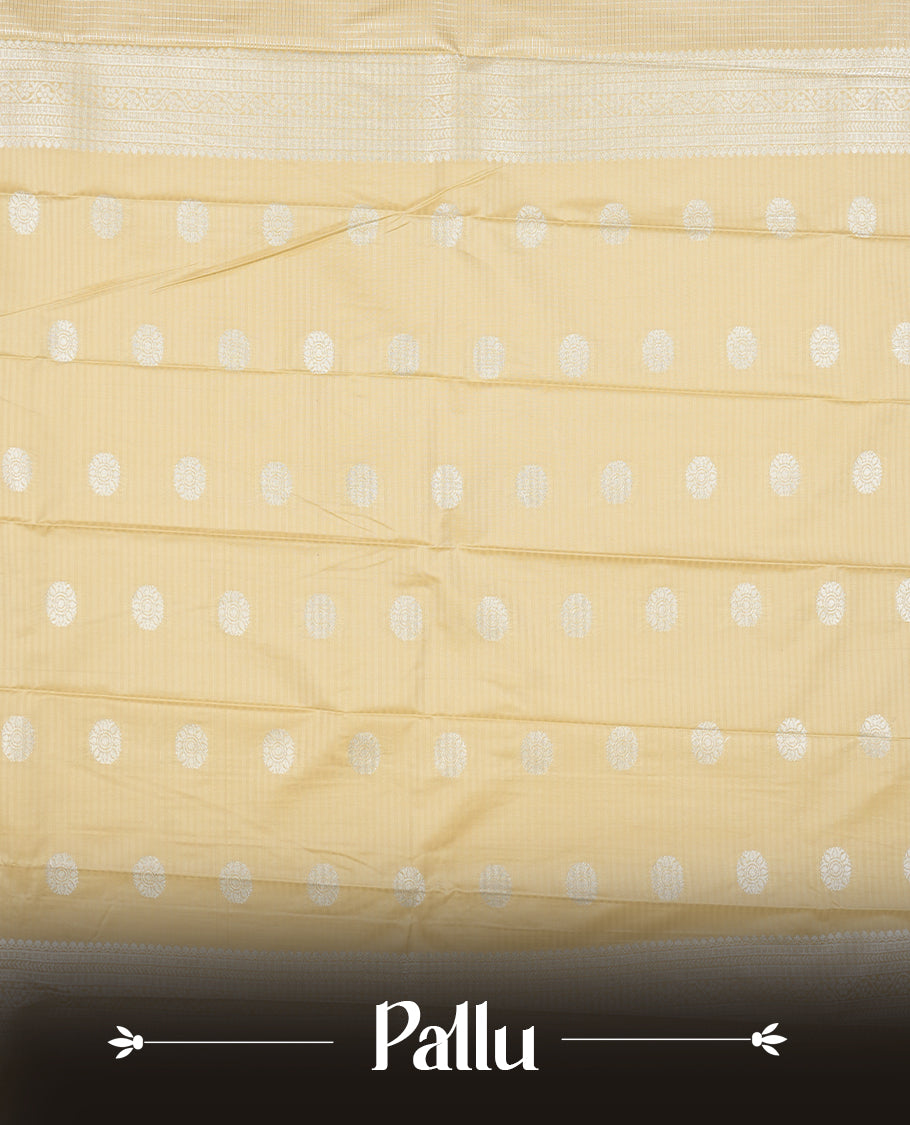 Vanilla Cream Colour Semi Silk Saree with Silver Circular Butta Motifs, Self Coloured Silver Zari Pallu & Border, Subtle Checked Body, and Matching Blouse Piece