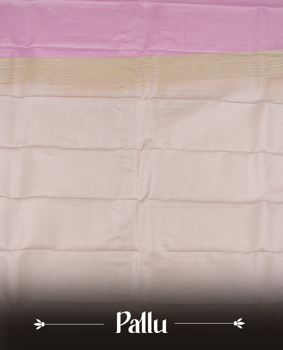 Lavender colour Semi Silk Saree with silver zari striped patterns on the body, paired with a contrasting light gray colour traditional pallu and border, and a matching blouse piece.