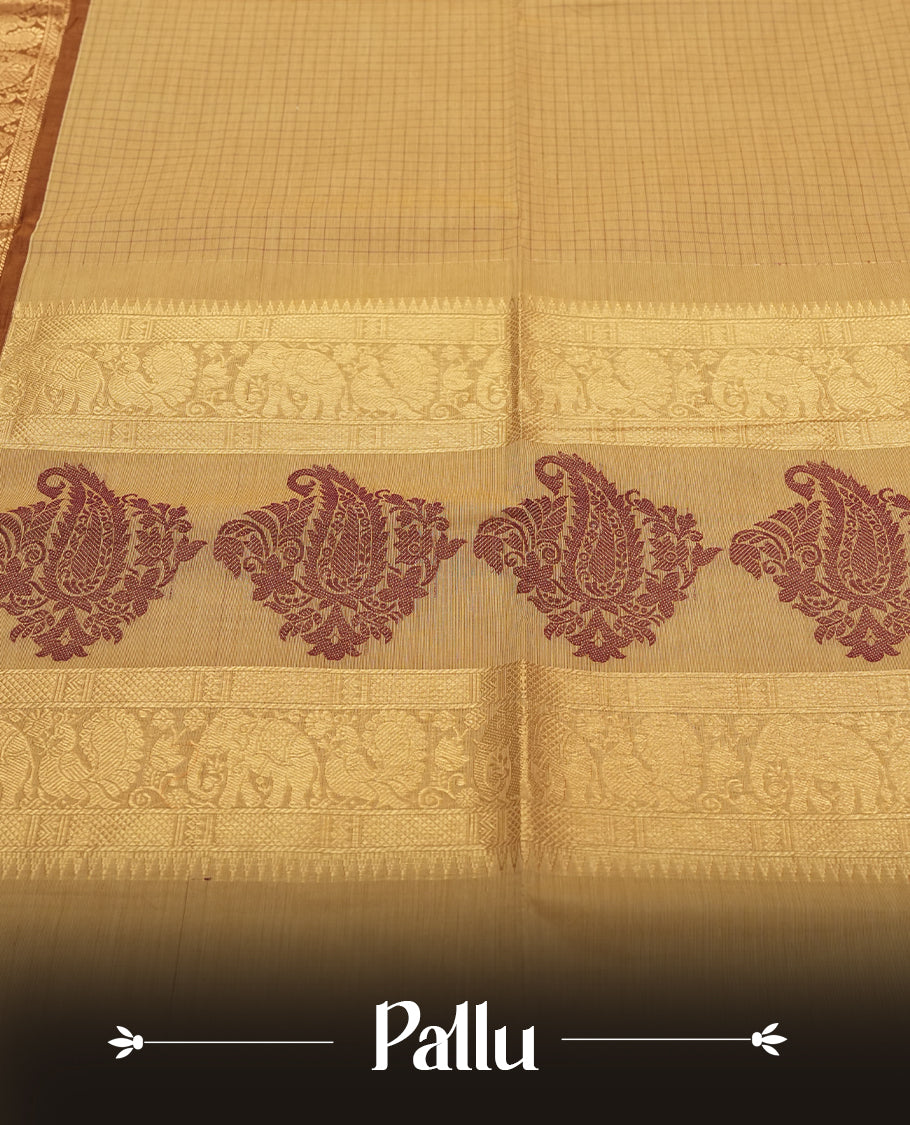 Gold Colour Silk Cotton Saree with Striped Body, Accented by Brown and Gold Zari Border with Elephant and Paisley Motifs on Pallu, Paired with Matching Blouse Piece