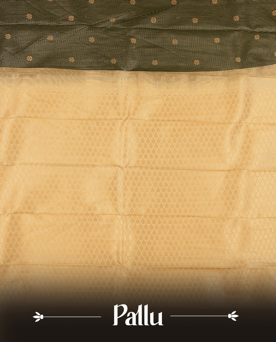 Dark green colour Semi Silk Saree with gold zari striped patterns on the body, paired with a contrasting cream traditional pallu and border, and a matching blouse piece.