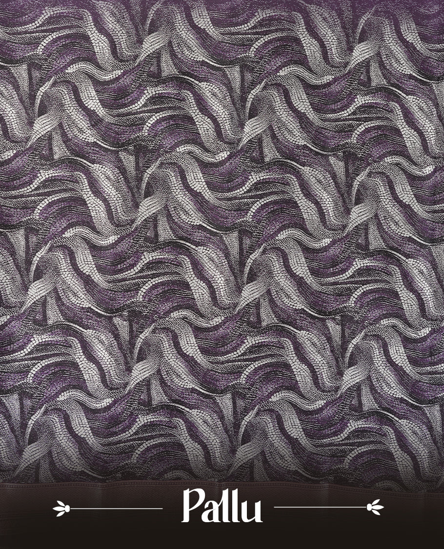 Plum Purple Semi Silk Saree with Silver Circular Buttas, Multitone Textured Wavy Pallu with Satin Zari Edge and Tassels, Paired with Coordinated Blouse Piece