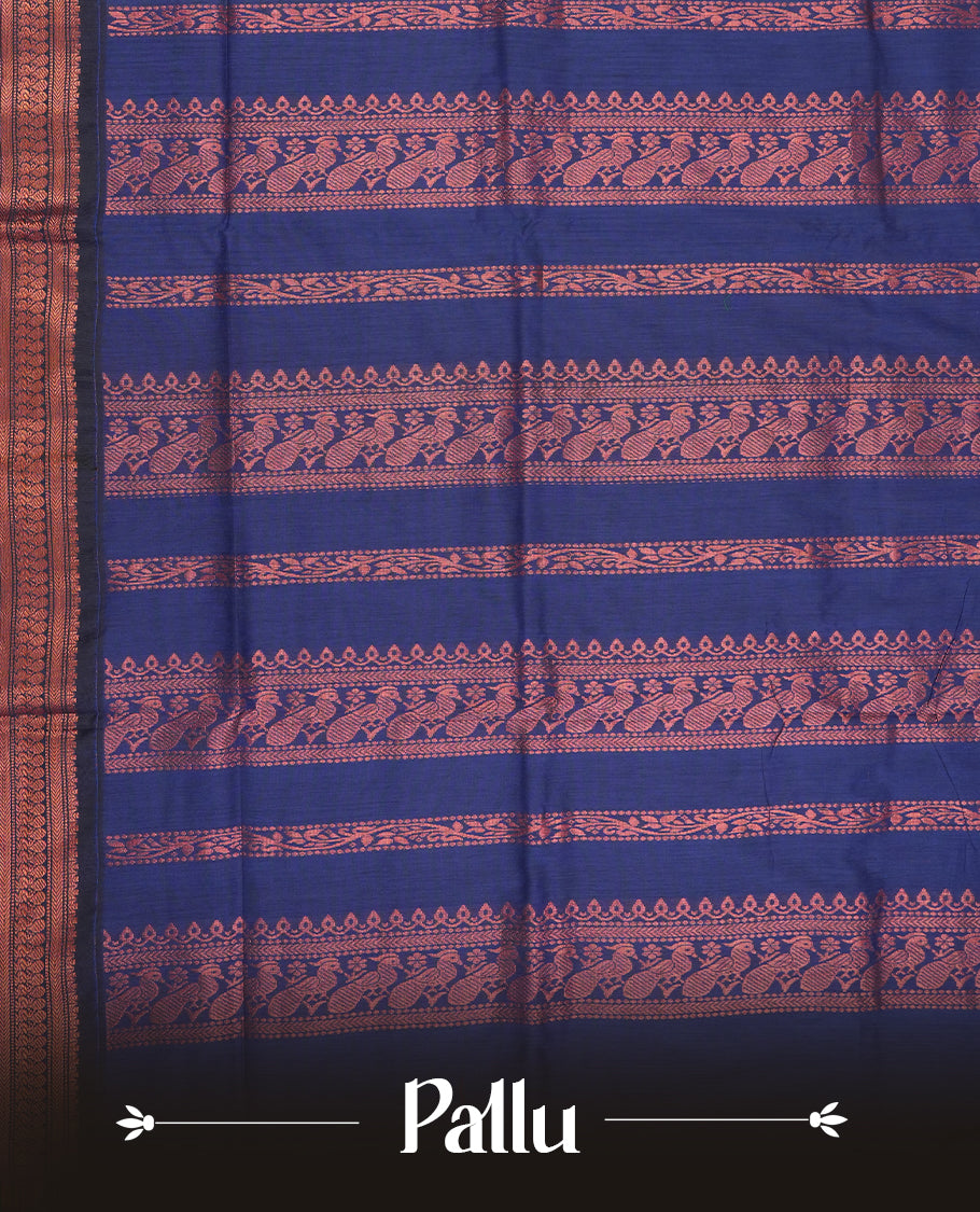 Grey colour Kalyani Cotton saree with woven zari royal blue floral motifs all over, paired with a contrasting royal blue border, floral & birds work on pallu intricately woven with rich copper zari & Comes with a matching blouse piece.