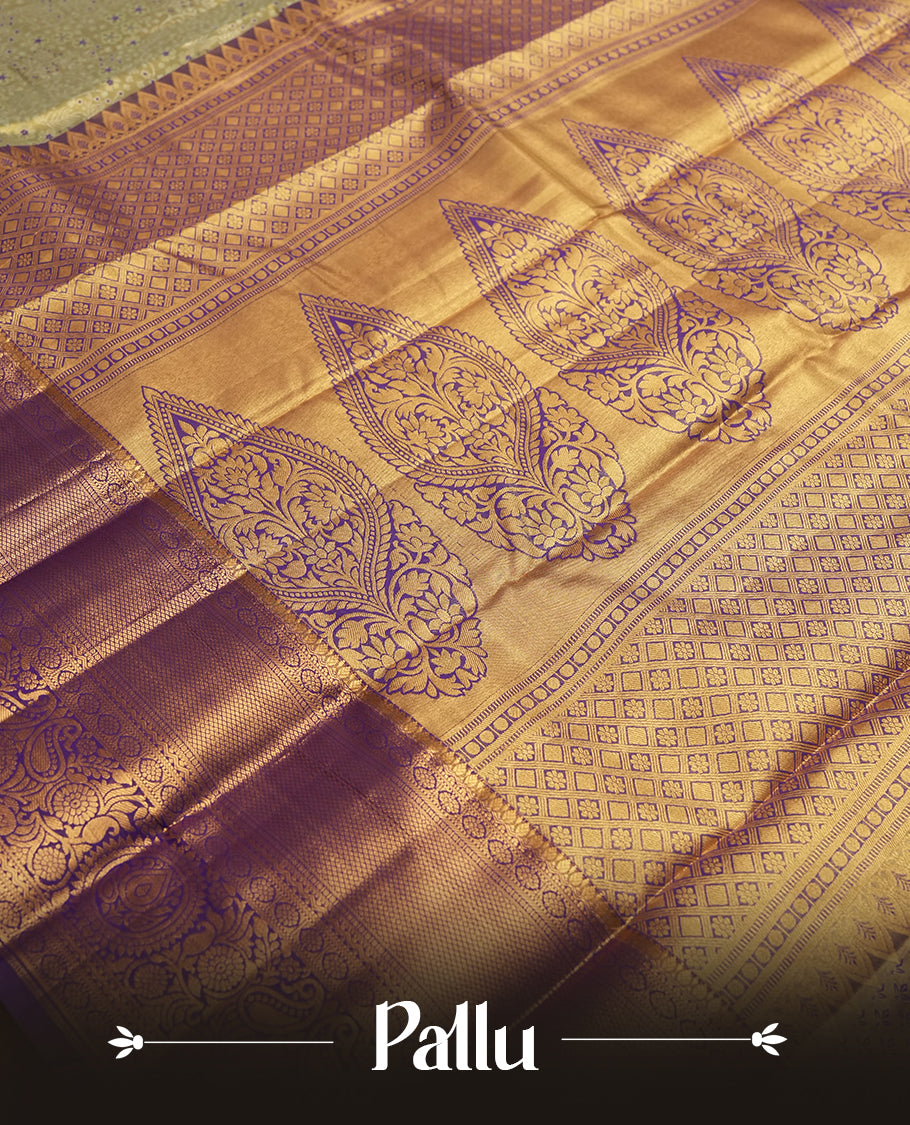 Pastel green and Antique silver Zari Tissue Brocade Saree features intricate coloured floral Motifs on body and a navy blue colour with traditional border & pallu, paired with matching blouse