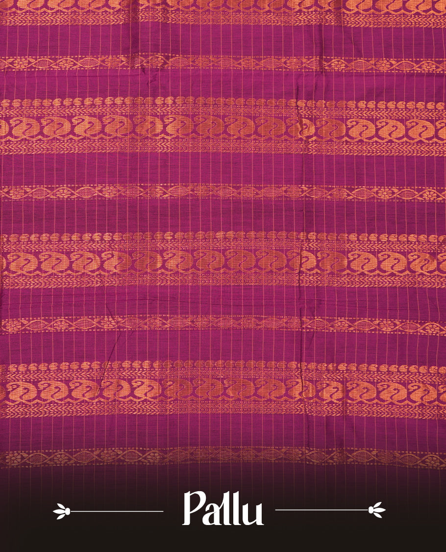 Khaki coloured mixed Kalyani cotton saree featuring copper zari checks on the body, complemented by a rich grape coloured border and pallu adorned with copper zari patterns, Paired with a matching blouse.