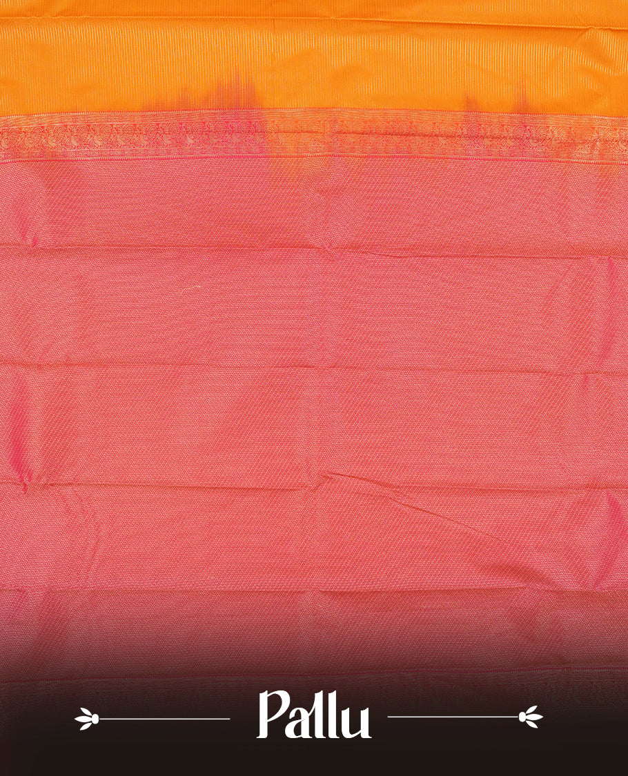 Harvest gold colour Semi Silk Saree with gold zari striped patterns on the body, paired with a contrasting rani pink colour traditional pallu and border, and a matching blouse piece.