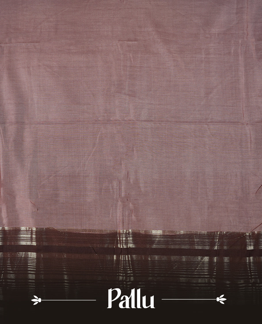 Dusty pink and brown colour mixed chanderi cotton saree with plain body, deep brown pallu, silver zari striped border, matching brown blouse.