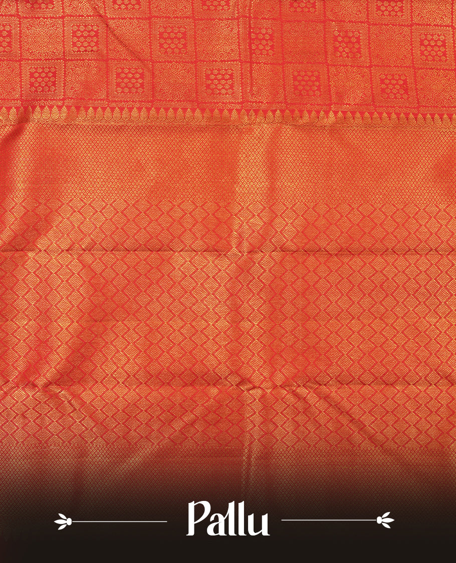 Deep red colour Kanchipuram Samudrika Silk Saree featuring Floral in square pattern weaving with gold zari jacquard and a traditional Kanchipuram zari border, paired with a matching designer jacquard blouse piece