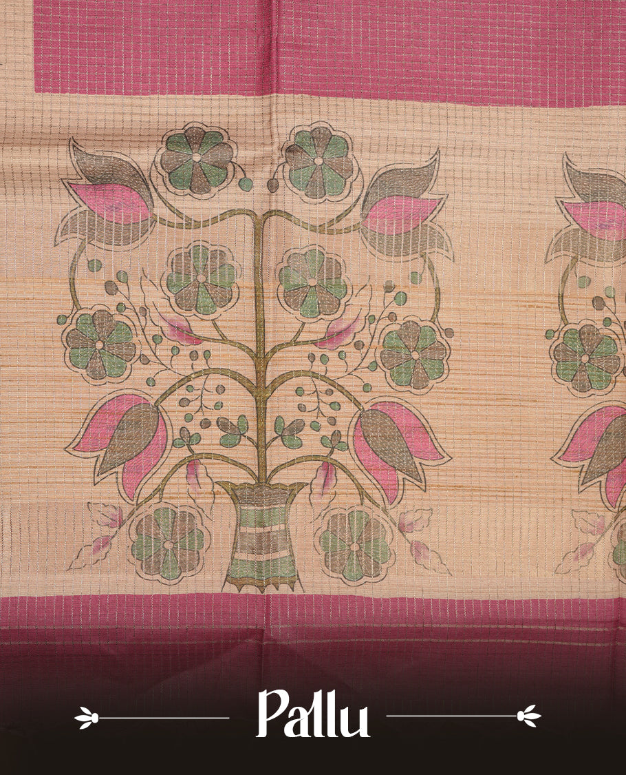 Wheat colour semi tussar silk saree featuring floral print and zari check pattern across body, contrast Pink colour border and pallu, paired with matching blouse piece.