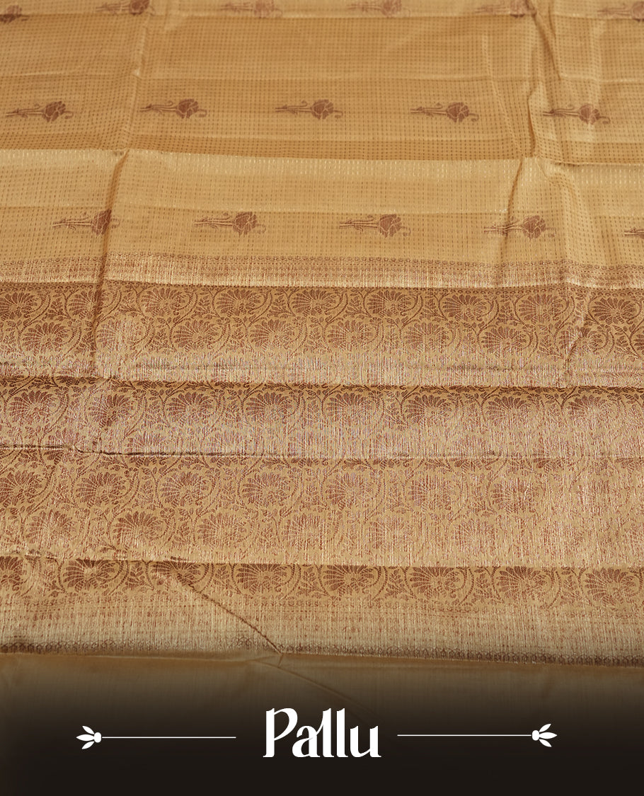 Natural Pine colour pure banarasi tussar Saree with antique design on the body, accentuated with an elegant traditional border, rich woven pallu and matching blouse piece.