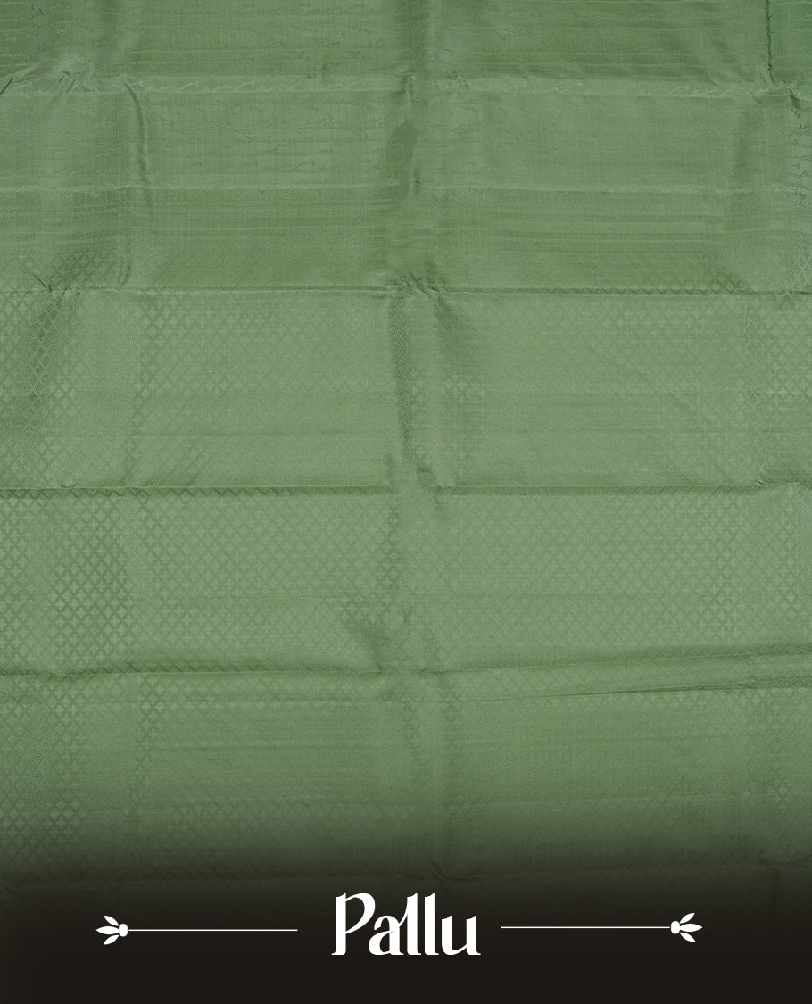 Dark pastel green colour semi soft silk saree featuring a self coloured patterned body, complemented by self coloured pallu & border and a matching blouse piece.