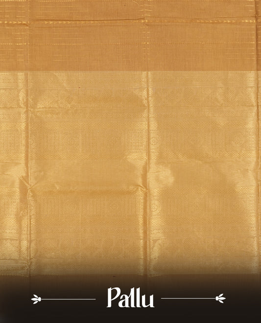 Pastel brown colour Chettinad cotton saree featuring small zari striped motifs on the body, complemented by a rich golden zari woven border with intricate traditional pattern & Comes with a matching blouse piece.