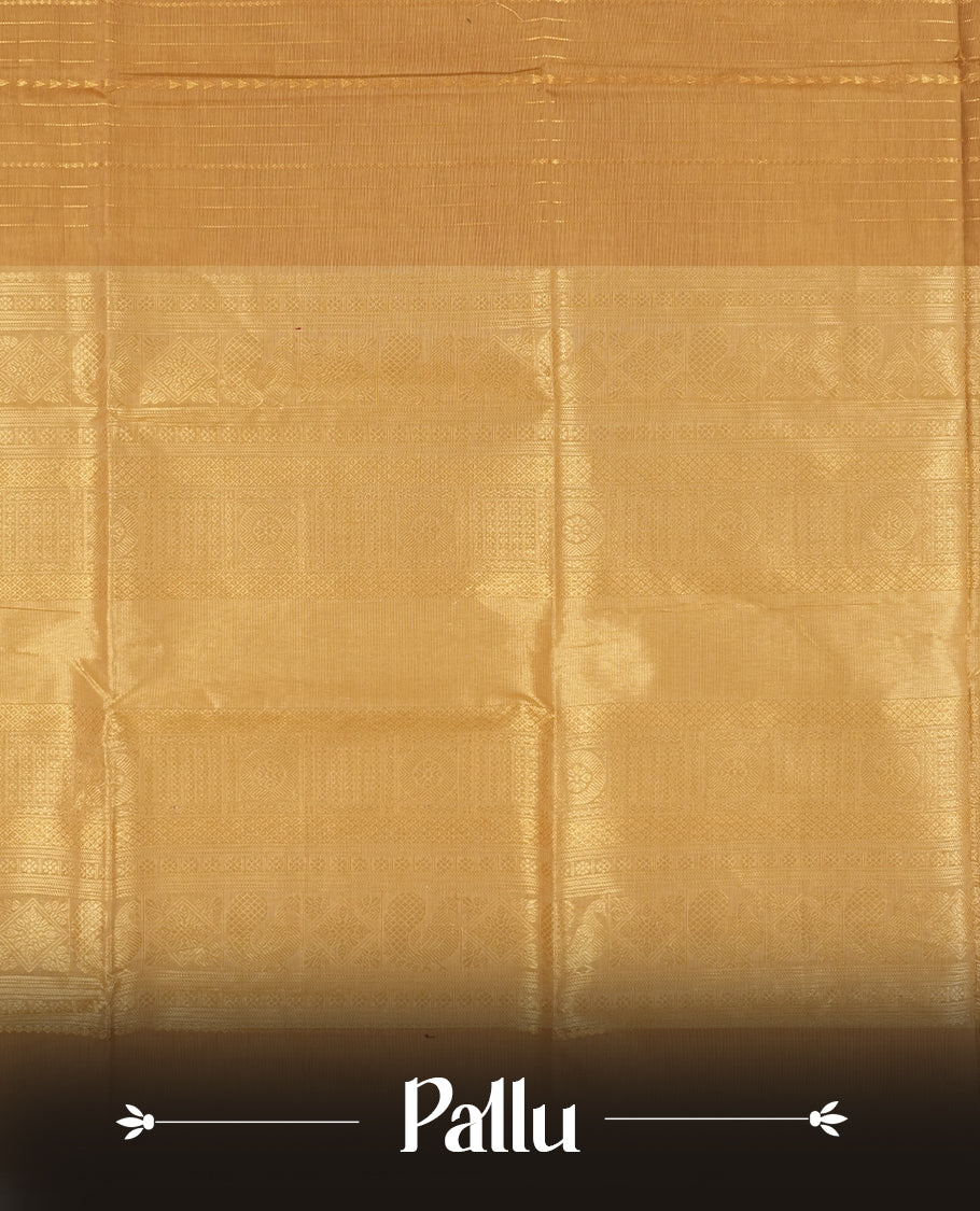 Pastel brown colour Chettinad cotton saree featuring small zari striped motifs on the body, complemented by a rich golden zari woven border with intricate traditional pattern & Comes with a matching blouse piece.