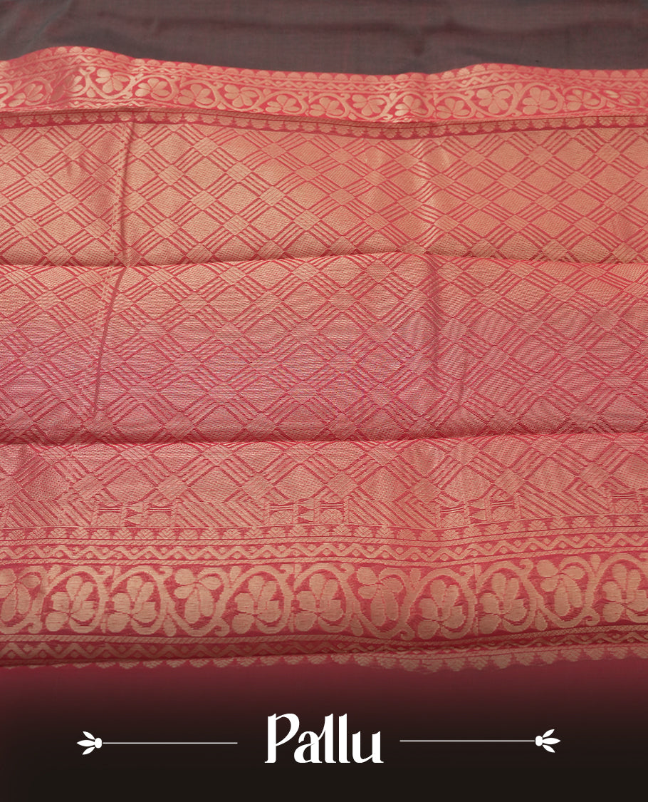 Black & Grey colour tissue cotton saree featuring elegant silver & copper zari motifs, a delicate zari border, and a beautifully woven pallu & Paired with a matching blouse, perfect for festive and traditional occasions.