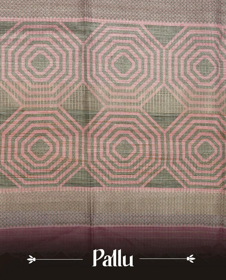 Pink colour semi tussar silk saree, featuring subtle hexagonal geometric patterns across the body, a textured pallu with fine detailing, and finished with a matching blouse.