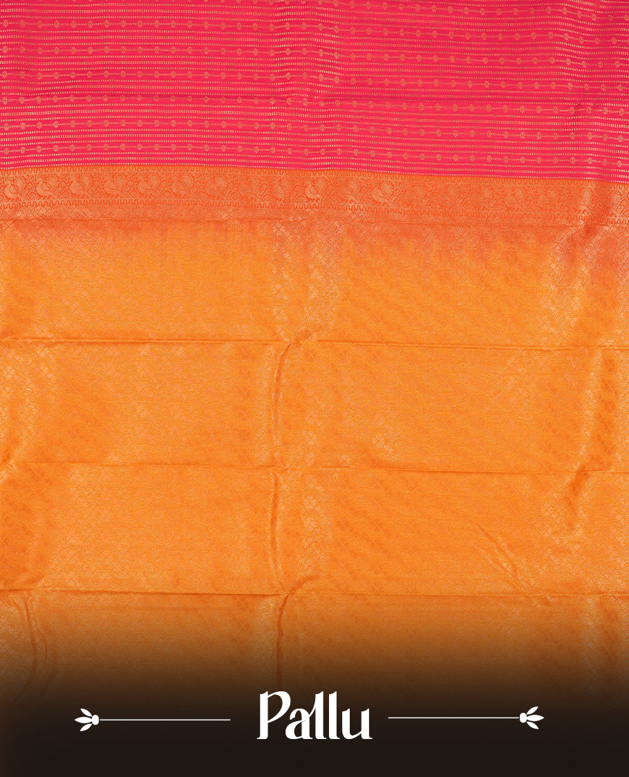 Rani pink colour Semi Silk Saree with gold zari striped patterns on the body, paired with a contrasting mustard traditional pallu and border, and a matching blouse piece.