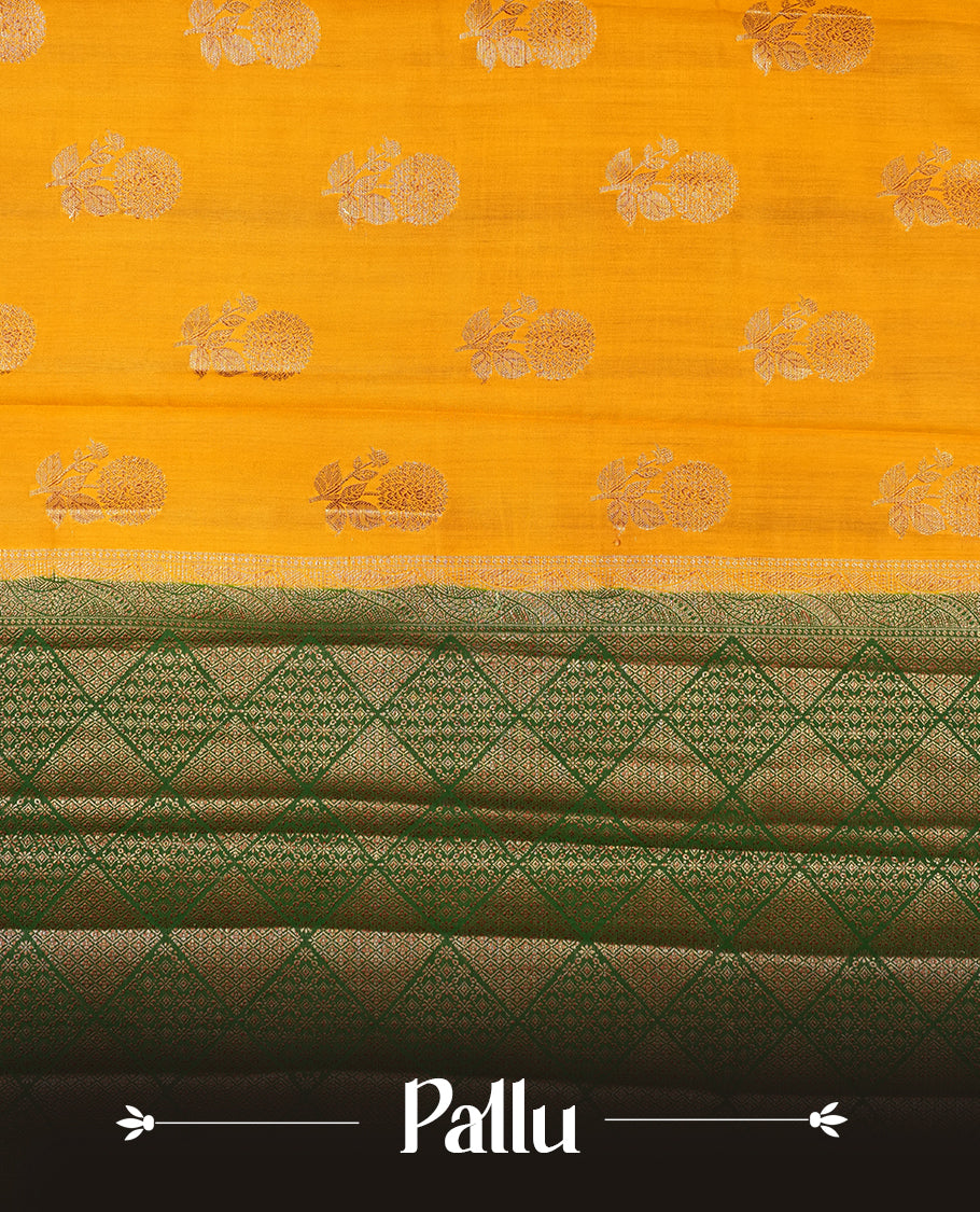 Mustard Colour Pure Banaras soft Silk Saree having gold floral motifs on Body with contrast green colour gold zari Border and matching Blouse
