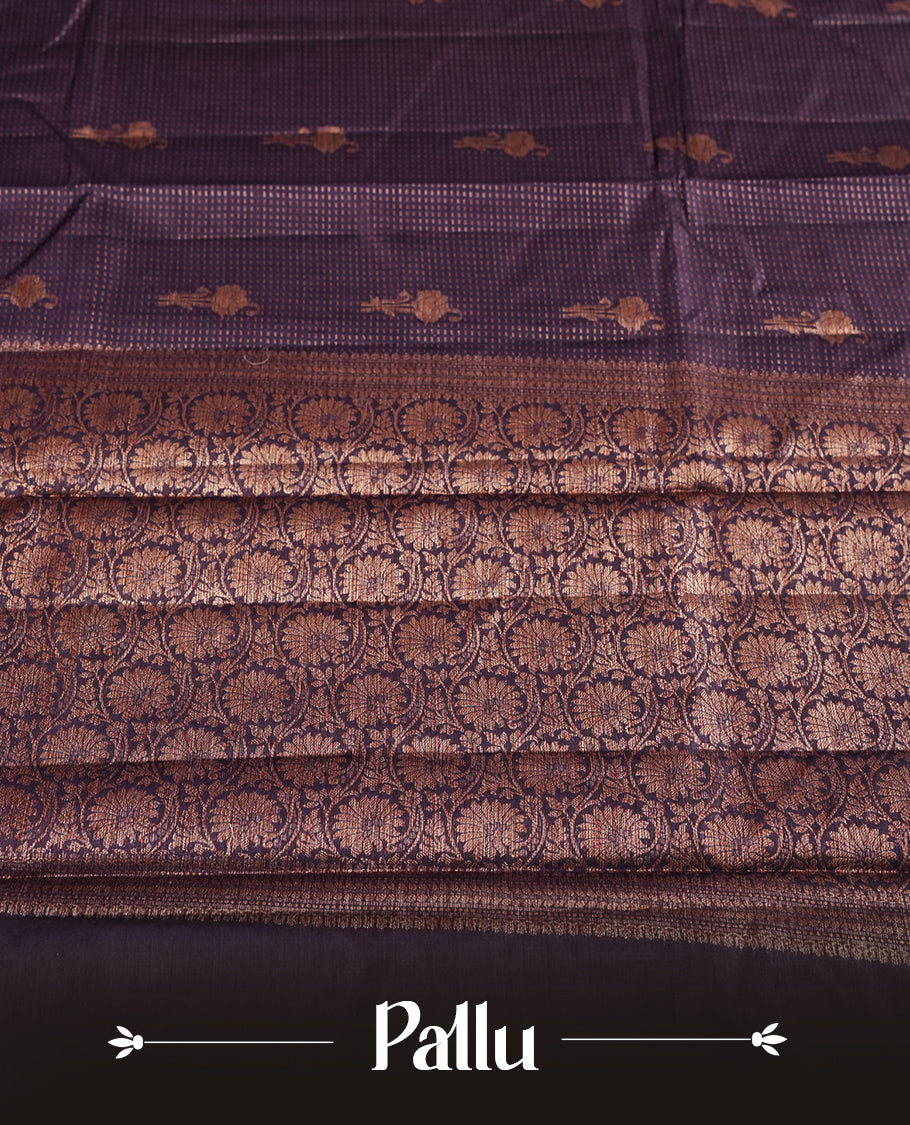 Cyber grape colour pure banarasi tussar Saree with antique design & golden motifs on the body, accentuated with an elegant traditional border, rich woven pallu and matching blouse piece.