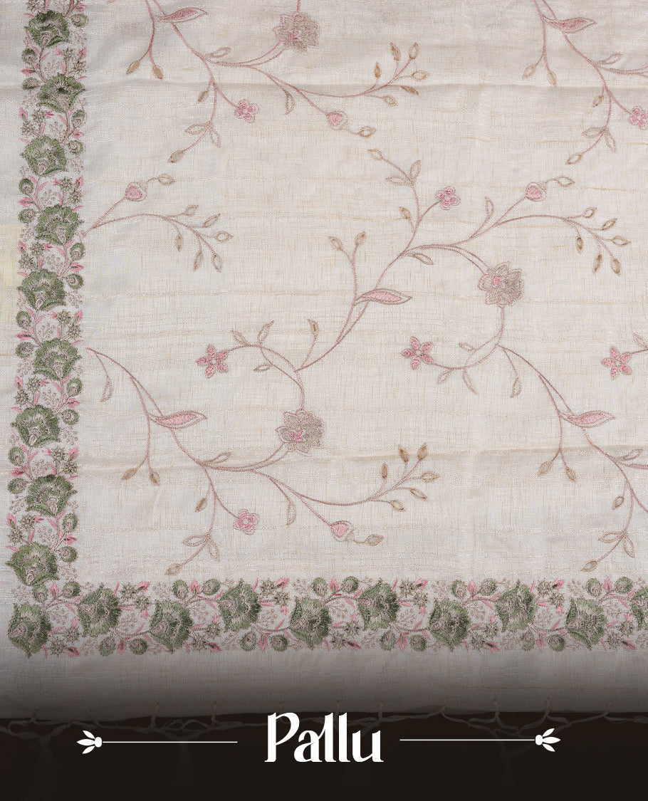 Cream colour semi tusser silk saree featuring with Green colour thread embroidery kodi pattern all over body, pallu, border and paired with matching blouse piece.