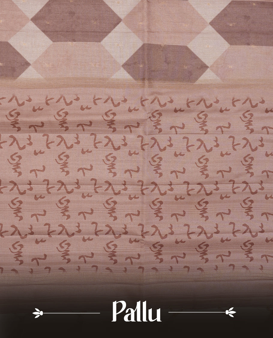 Light brown colour semi tusser silk saree featuring geometric print pattern across body, gold zari border with style motifs and paired with matching blouse.