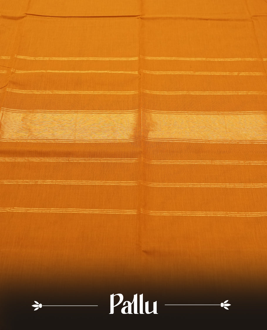 Orange Silk Cotton Saree with Plain Body, Accented by Gold Zari Geometric Border on Orange and Gold Striped Pallu, Paired with Matching Blouse Piece