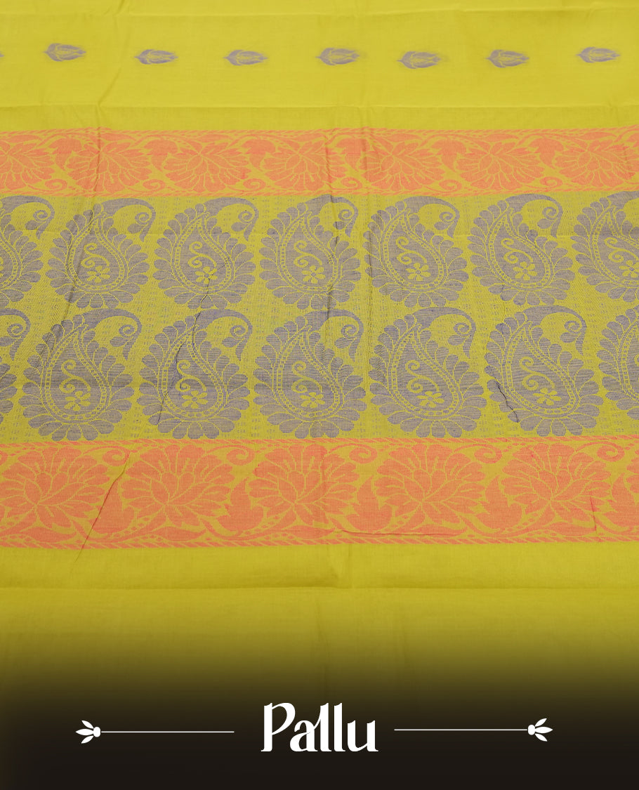 Olive yellow colour silk cotton saree with delicate floral motifs on the body, complemented by a shimmering golden zari border and a graceful pallu & Comes with a matching blouse piece for a perfect traditional look.