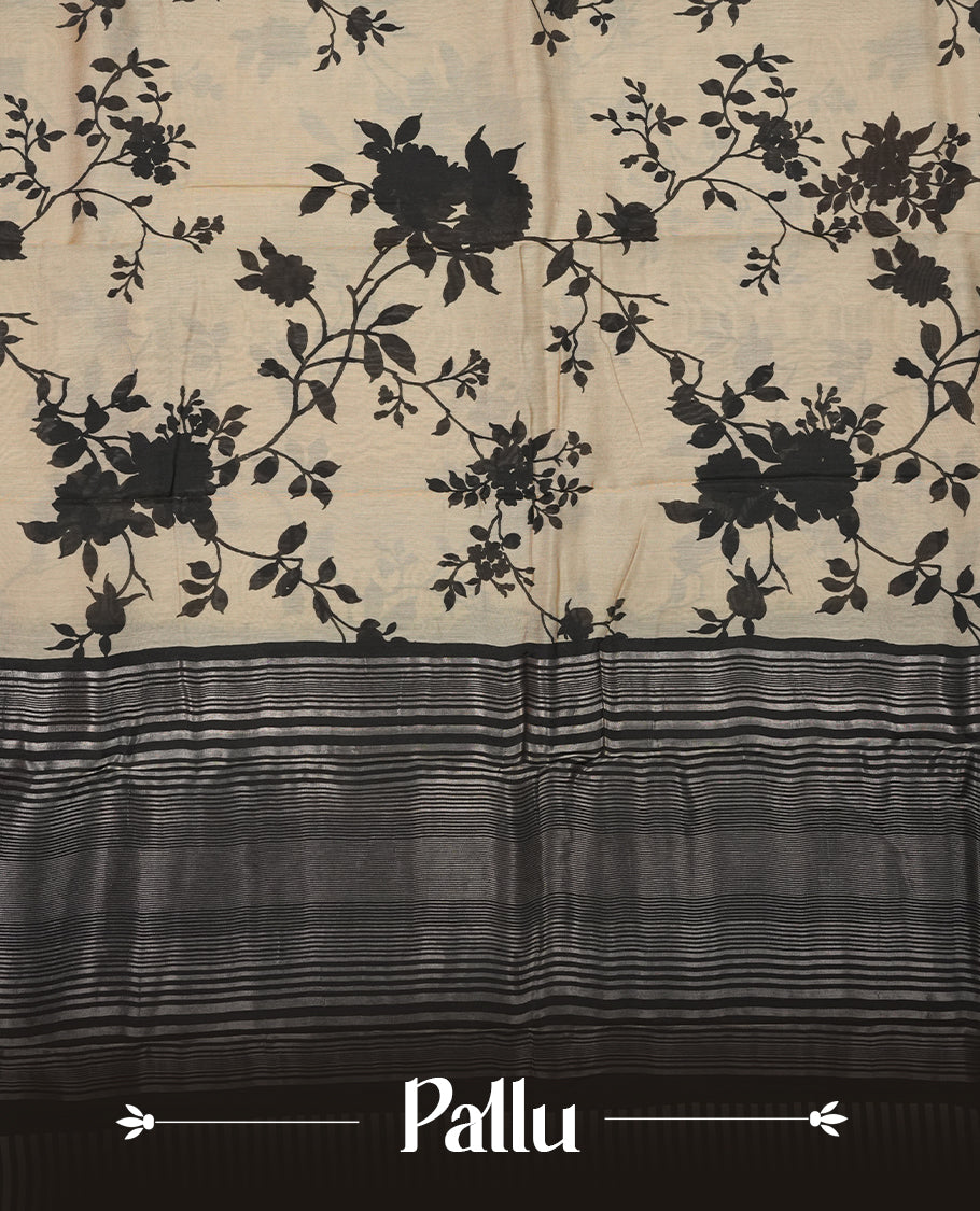 Cream colour Viscos semi printed saree featuring a contrast black light golden zari border, abstract Black printed motifs on the body, and comes with a matching blouse