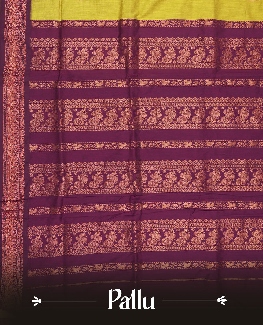 Lemon green colour Kalyani Cotton saree with delicate woven zari golden motifs all over, paired with a contrasting wine border and pallu intricately woven with rich zari & Comes with a matching blouse piece.