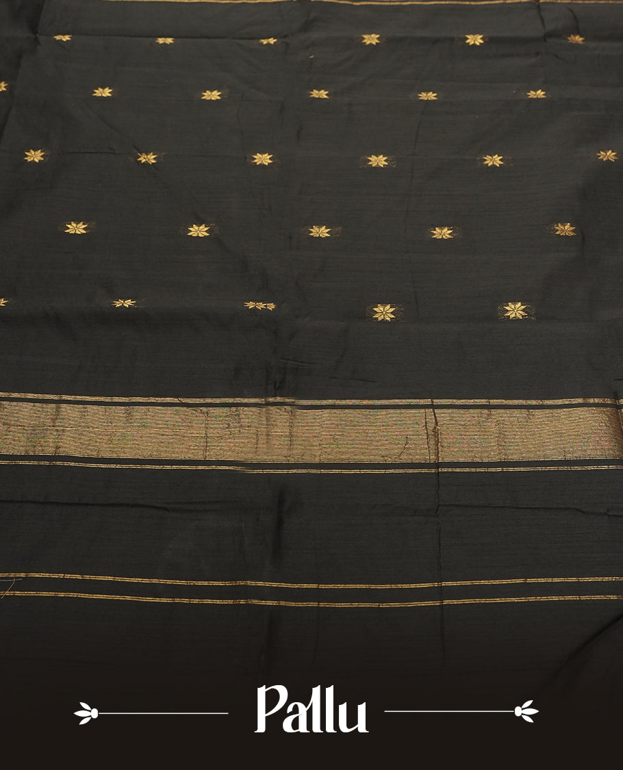 Black colour Silk Cotton Saree with Tiny Gold Zari Star Buttas on the Body, Antique Gold Tissue Panel on the Pallu, Slim Floral Zari Borders, and a Plain Black Blouse with Matching Border