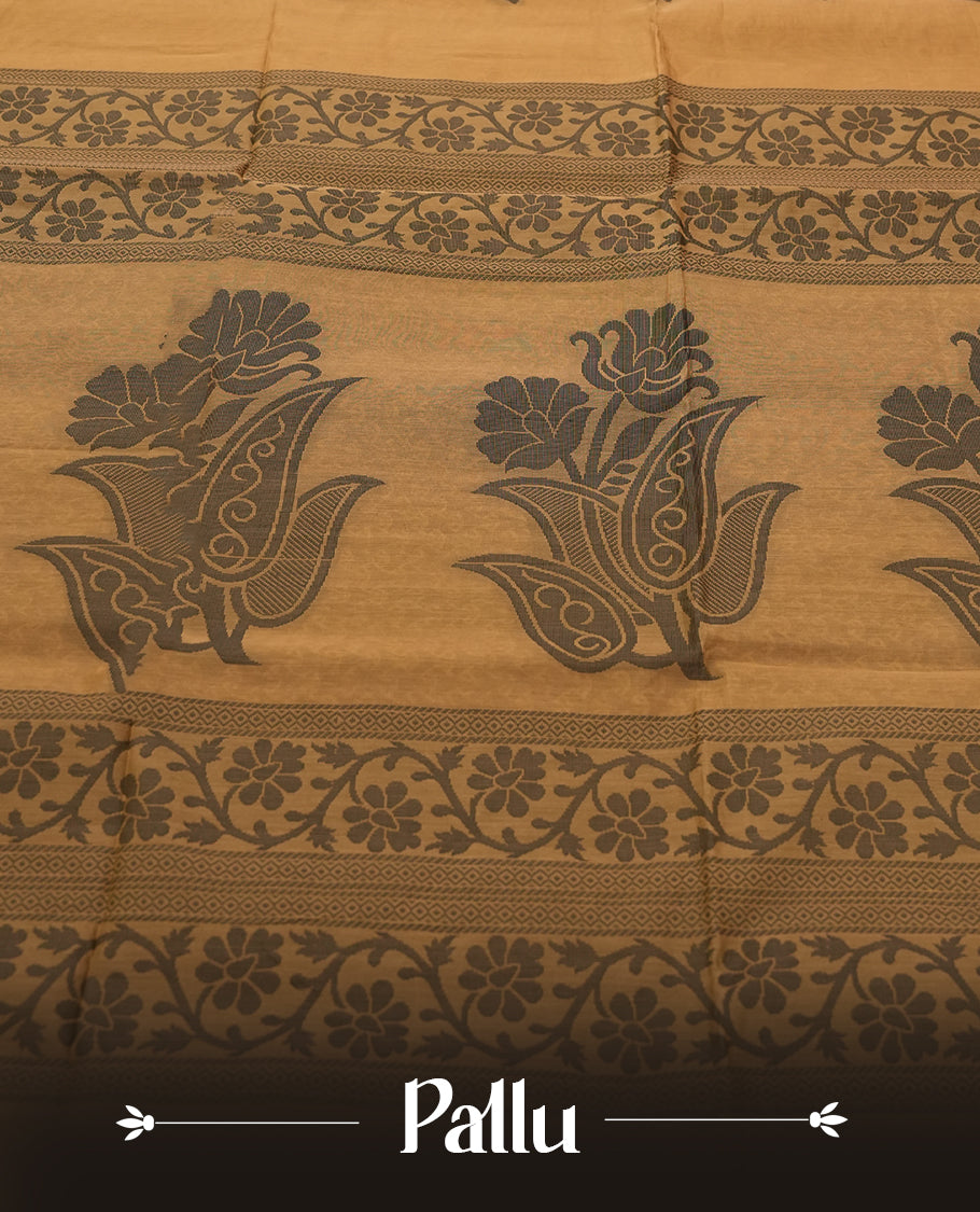 Honey Gold Colour Silk Cotton Saree with dark brown Leaf Butta Body, Contrasting dark brown Zari Pallu & Border, Floral Motifs, and Matching Woven Blouse Piece