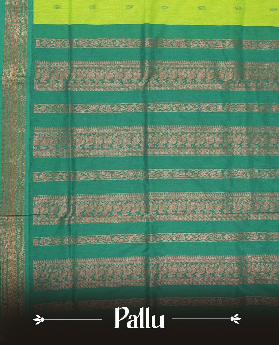 Lemon green colour Kalyani Cotton saree with delicate woven zari motifs all over, paired with a contrasting green border and pallu intricately woven with rich copper zari & Comes with a matching blouse piece.