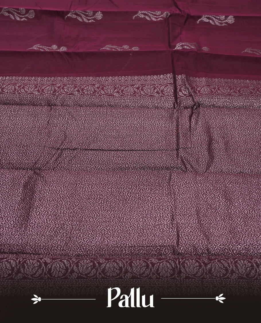 Dark Purple Colour Silk Cotton Saree with Dark Silver Floral Butta Body, Contrasting Dark Silver Zari Pallu & Border, Floral Vine Motifs, and Matching Plain Woven Blouse Piece