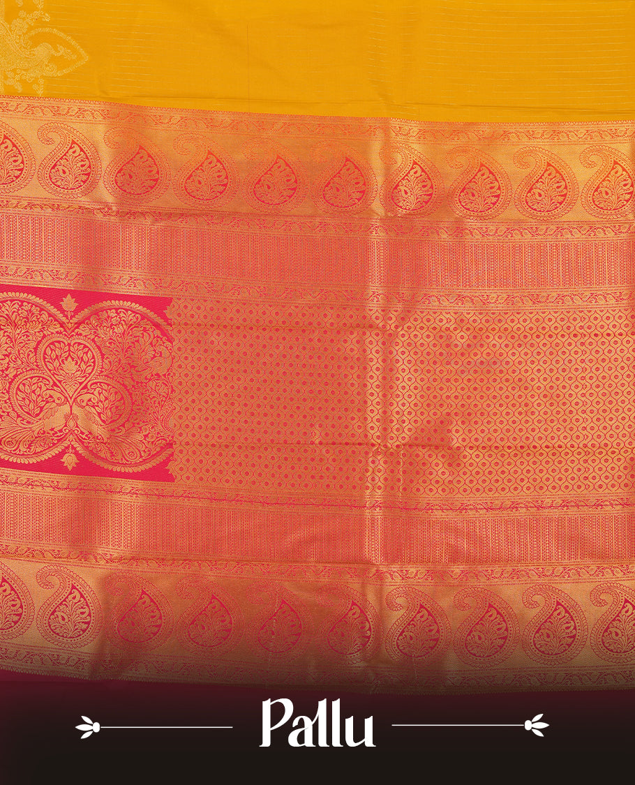Yellow Colour Semi Silk Saree with Golden Striped Body, Contrasting Pink Golden Zari Pallu & Border, Paisley Motifs, and Matching Blouse Piece