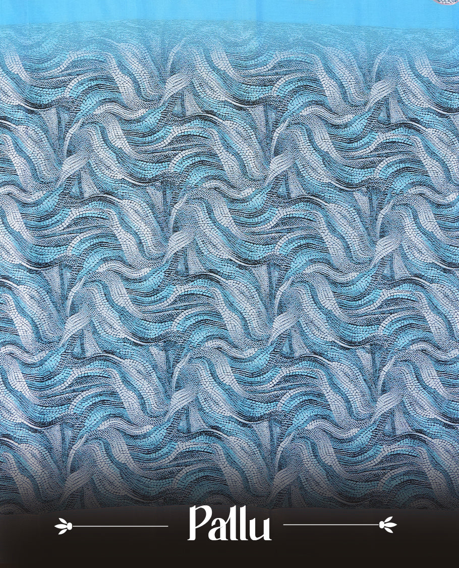 Sky blue semi silk saree featuring elegant circular motifs on the body, complemented by a striking pallu adorned with intricate wavy white thread patterns with golden border, and paired with a matching blouse