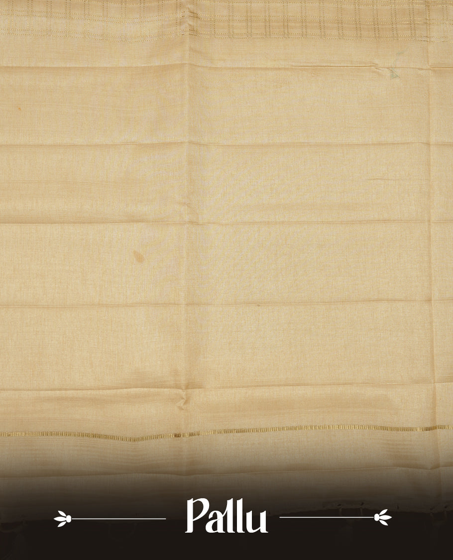 Cream colour semi Tussar saree highlights gold zari check pattern across body, border, pallu and paired with matching blouse piece.