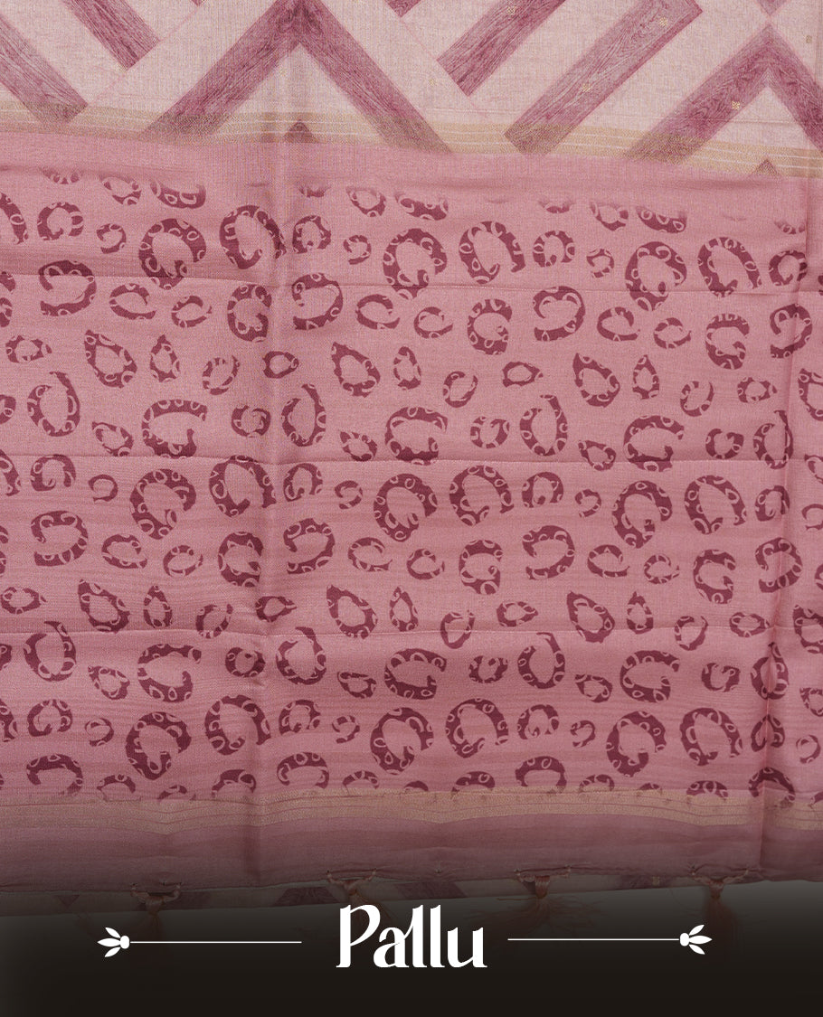 Mauve colour semi tusser silk saree featuring geometric print pattern across body, gold zari border with style motifs and paired with matching blouse.