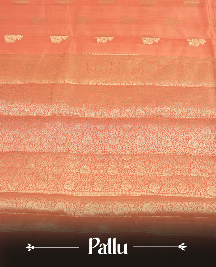 Rust orange colour pure banarasi tussar saree adorned with delicate golden motifs all over the body, complemented by an intricate Banarasi style silver zari border & Comes with a matching blouse piece.
