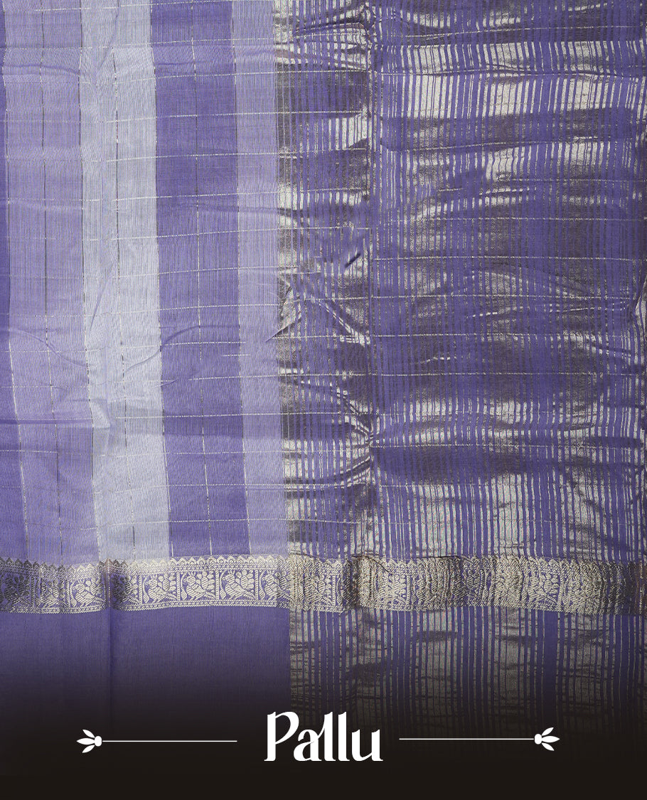 Lavender colour mixed chanderi cotton saree with checkered pattern body, silver zari border, matching pallu, and matching blouse.