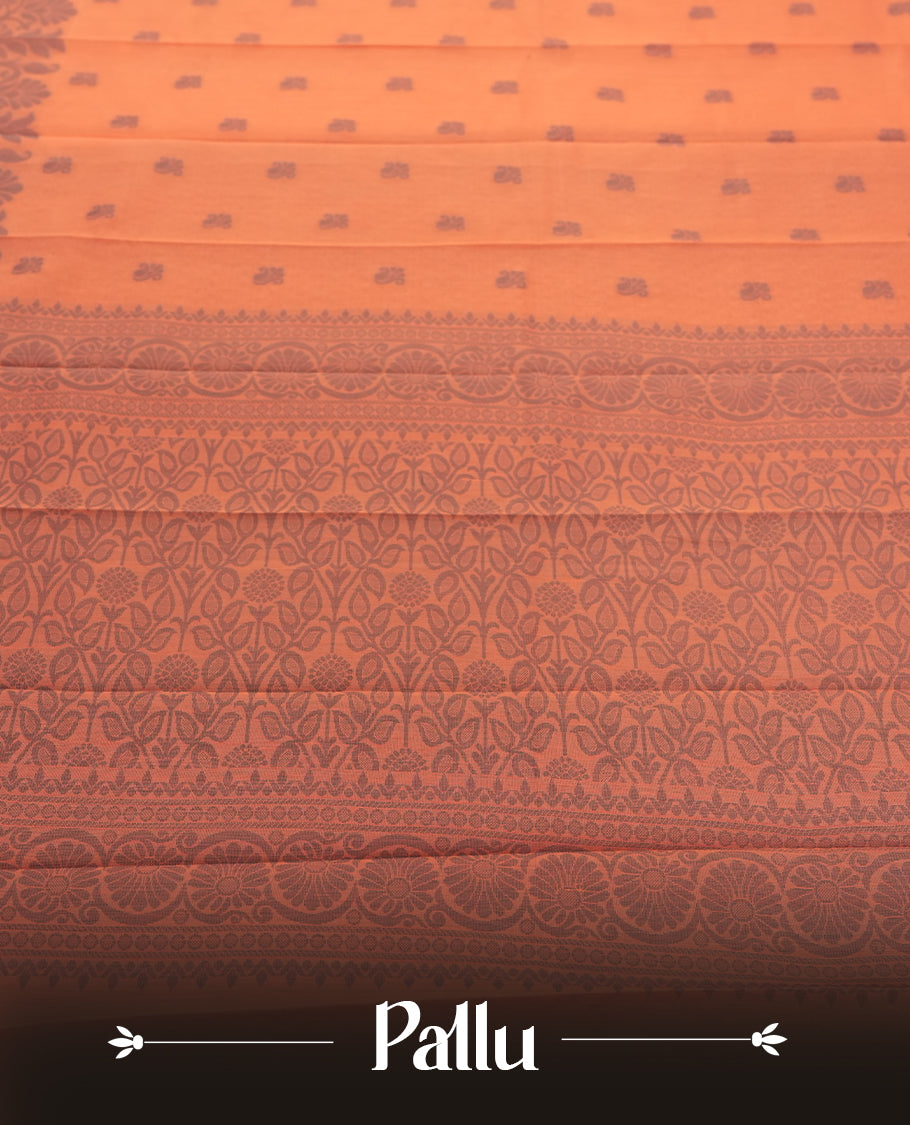 Peach orange silk cotton saree adorned with delicate woven motifs all over the body, paired with an elegant dark grey plain border and richly patterned pallu & Comes with a matching blouse piece for a complete ethnic look.