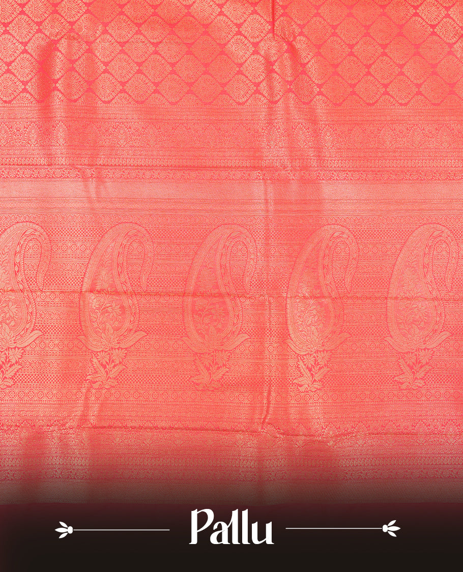 Watermelon colour semi silk brocade saree featuring intricate Gold butta patterns across the body, complemented by a rich self colour woven border and pallu, paired with a matching blouse.