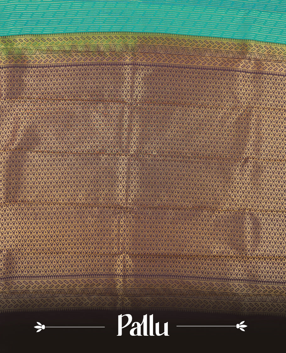 Double shade blue colour Semi Silk Saree with a gold dotted striped body and a self coloured traditional border, paired with a contrasting purple pallu and a matching blouse piece