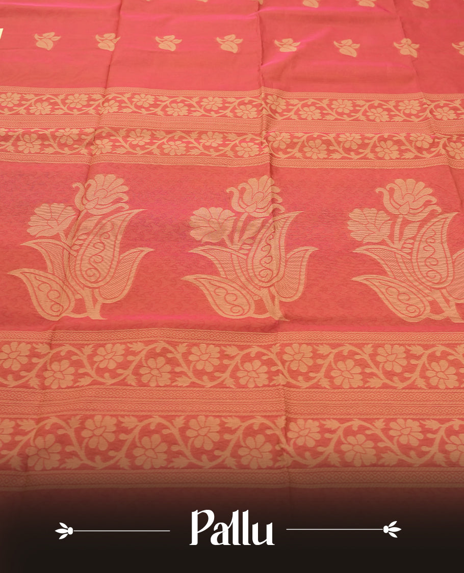 Red Pink and Yellow double shade Colour Silk Cotton Saree with Cream Leaf Butta Body, Contrasting Cream Zari Pallu & Border, Floral Motifs, and Matching Woven Blouse Piece